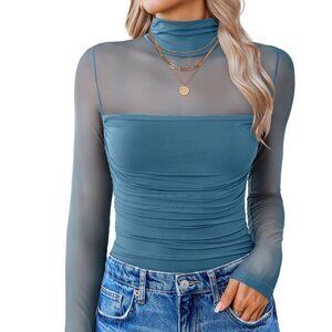 Sexy Sheer Mesh Ruched Bodysuit Turtle Neck Long Sleeve Going Out Clubwear Slim